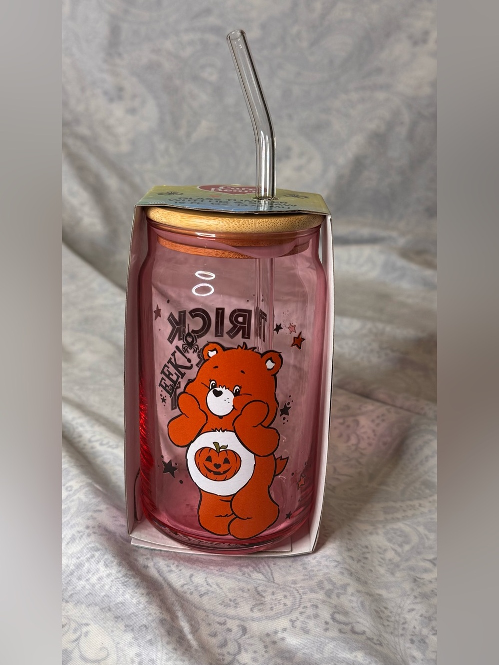 Care Bears Pumpkin Bear Glass Tumbler with a glass straw and bamboo lid